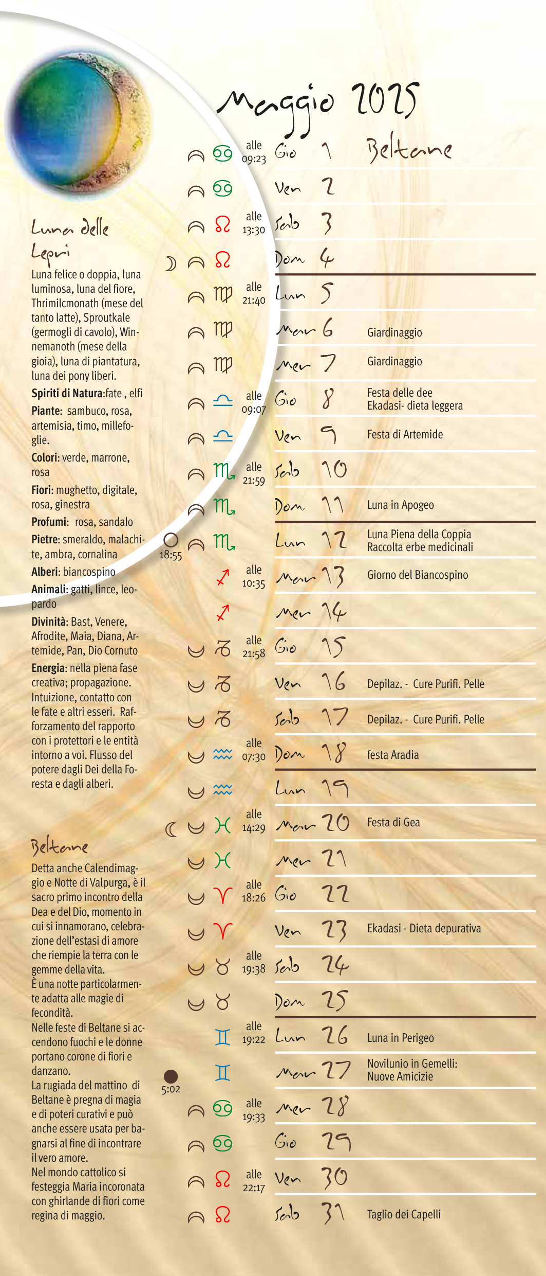 Calendario lunare maggio 2025