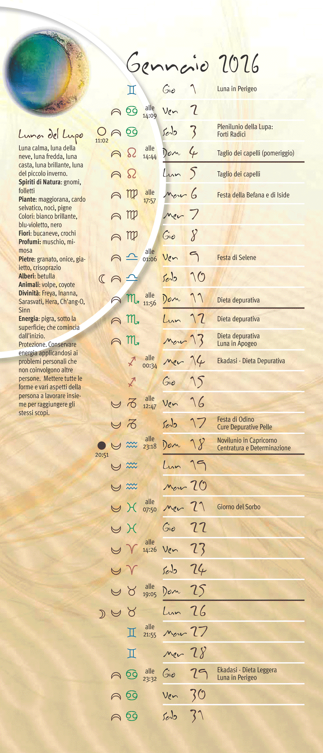 Calendario lunare gennaio 2026