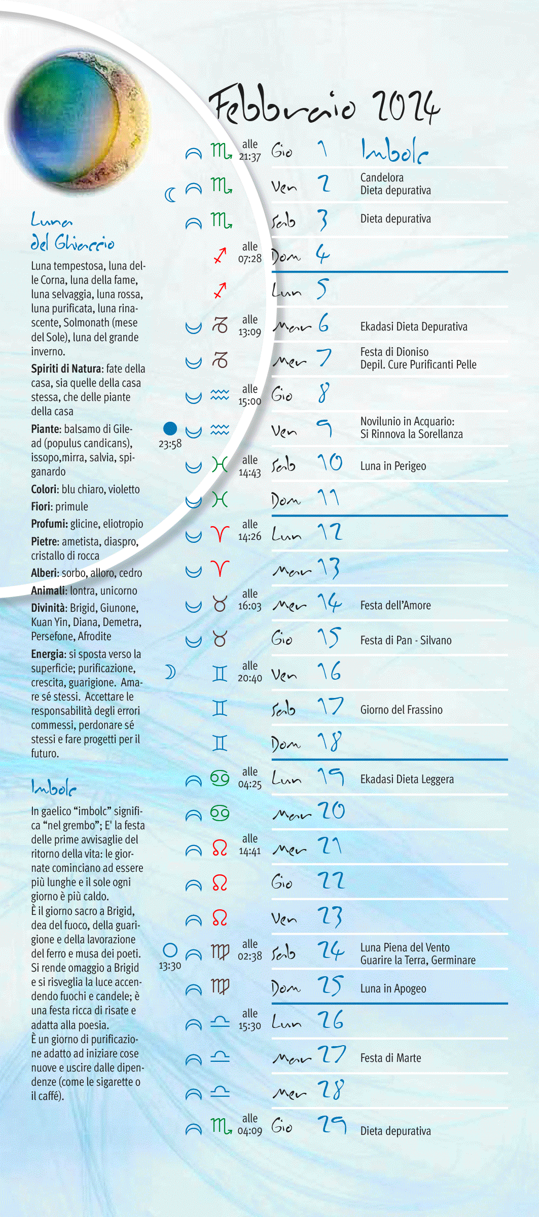 Calendario Lunare Lunario Febbraio 2024