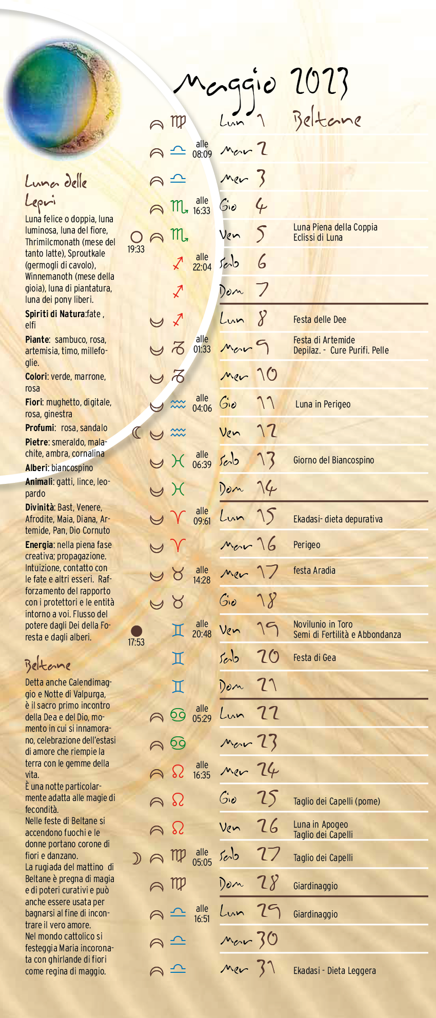 Calendario lunare maggio 2023