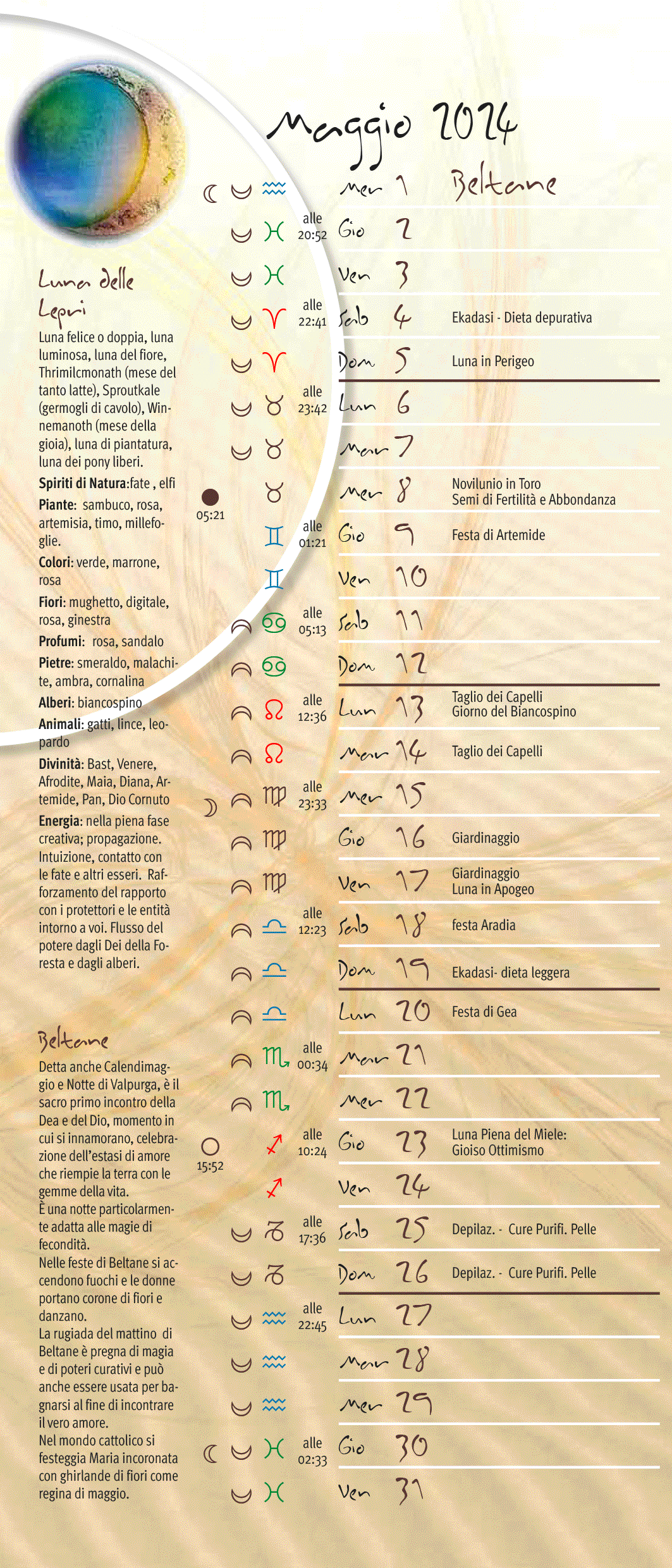 Calendario lunare maggio 2024