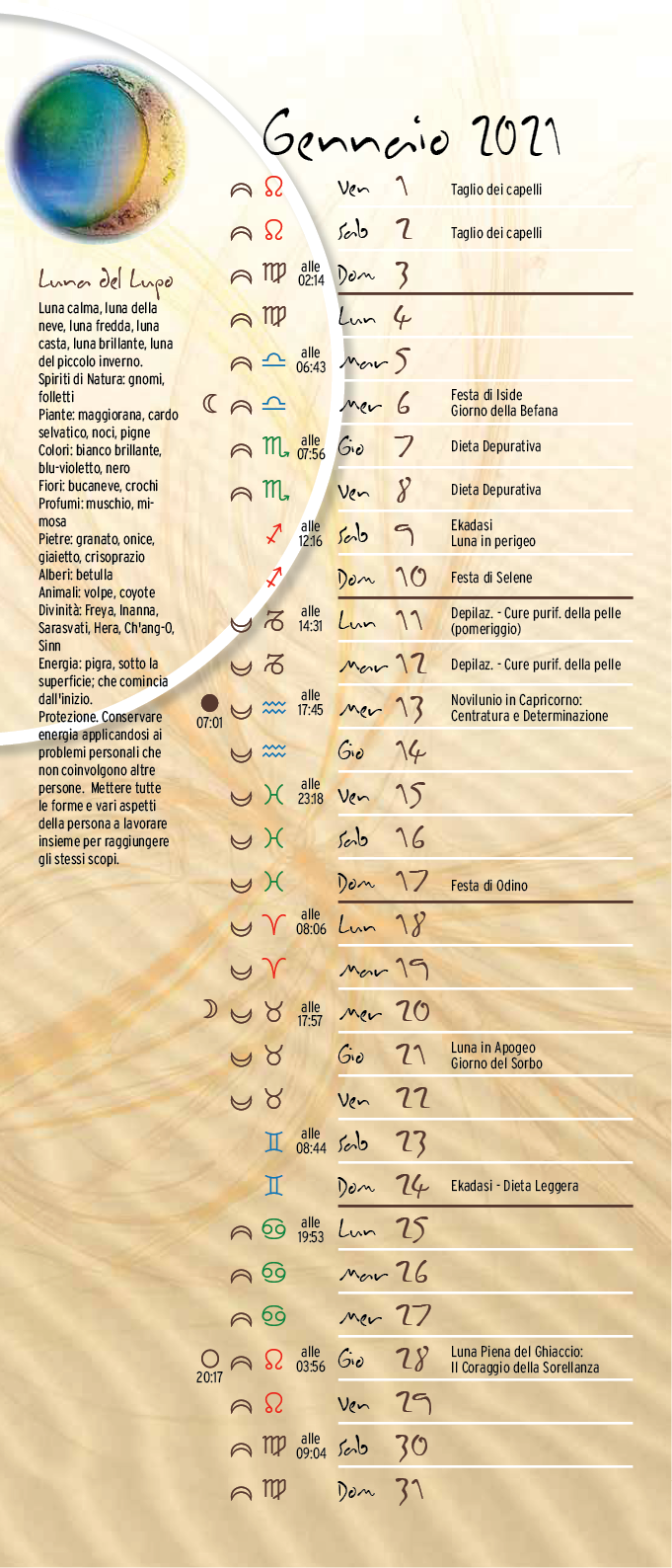 Calendario Lunare - Lunario - Gennaio 2021