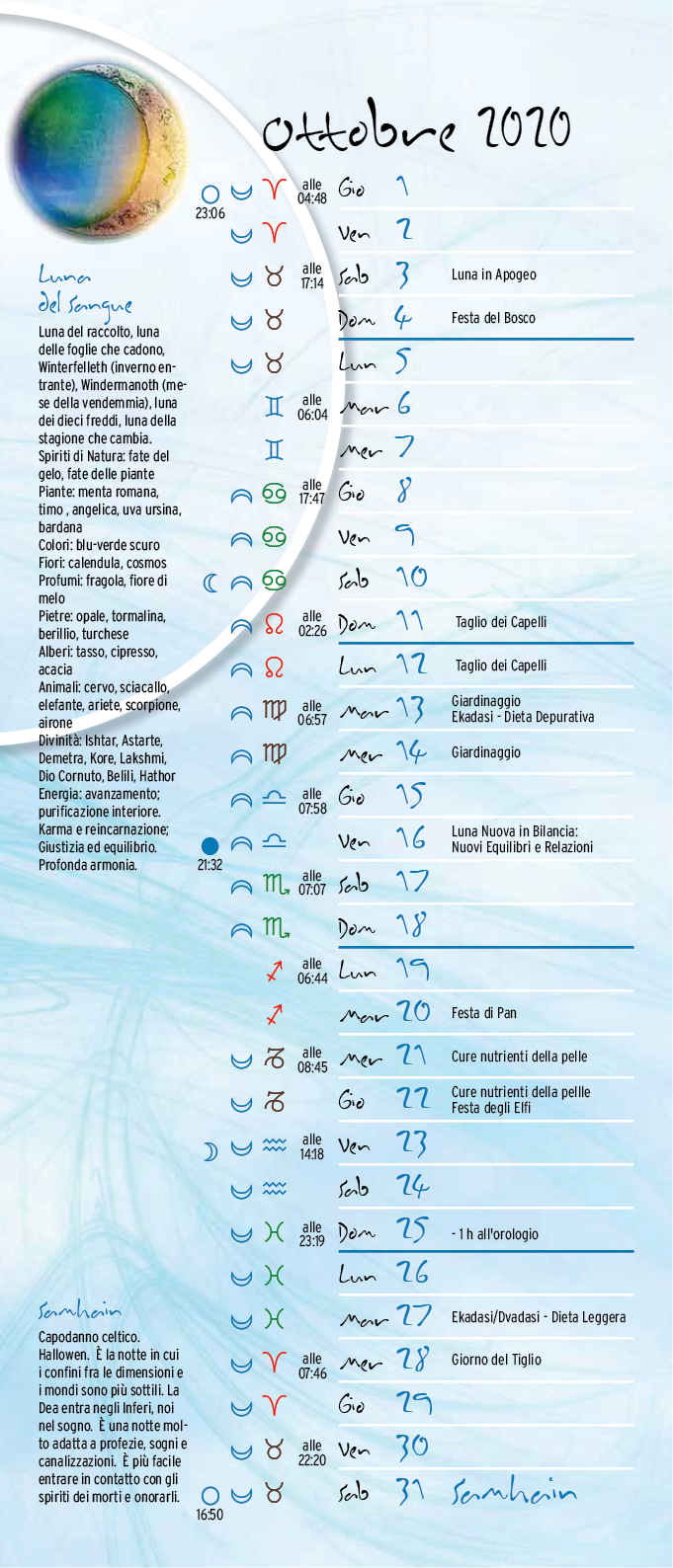 Calendario Lunare Ottobre 2020